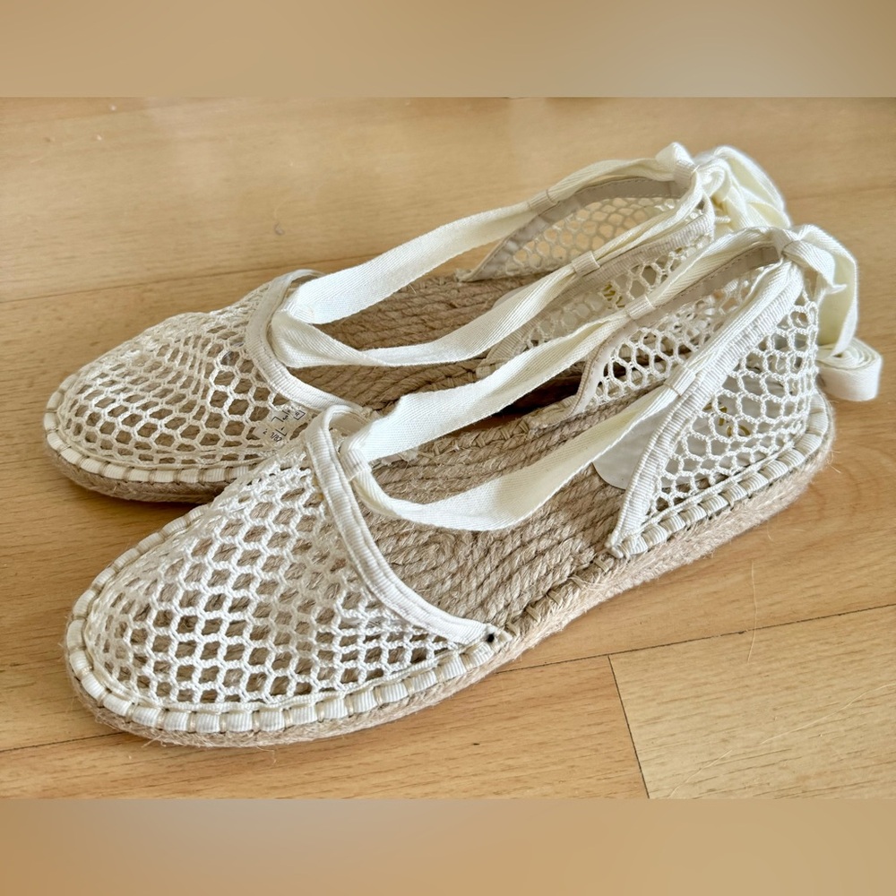 Mango Cream Mesh Espadrille Flats with Ankle Lace Up Ties
